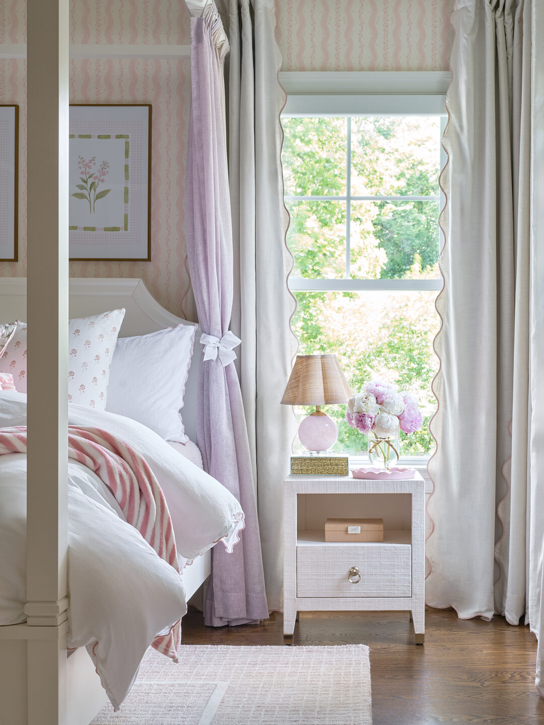 Millwood Road girl's bedroom window detail with scalloped drapery and pink lamp
