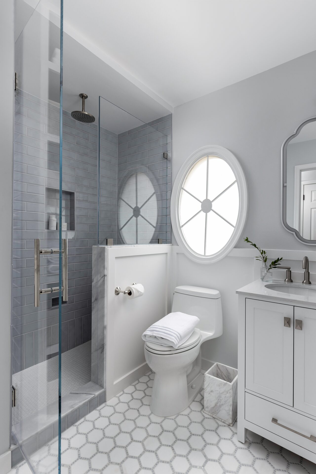 Willowgate primary bathroom wide view showing vanity and soaking tub